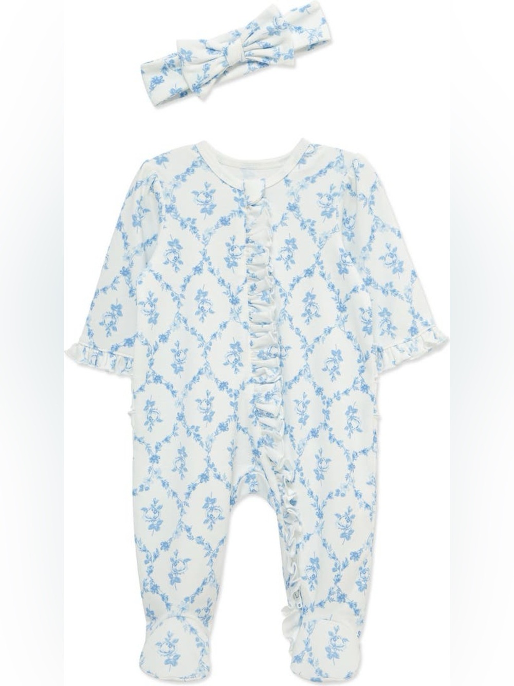 Little Me White and Blue Floral Ruffle Romper